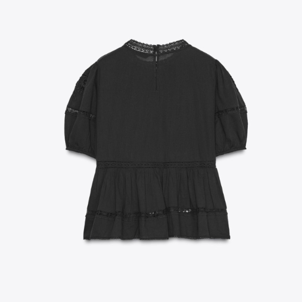 Zara Round Neck Short Sleeve Embroidered Romantic Blouse Top Sz:L Black - Picture 6 of 9
